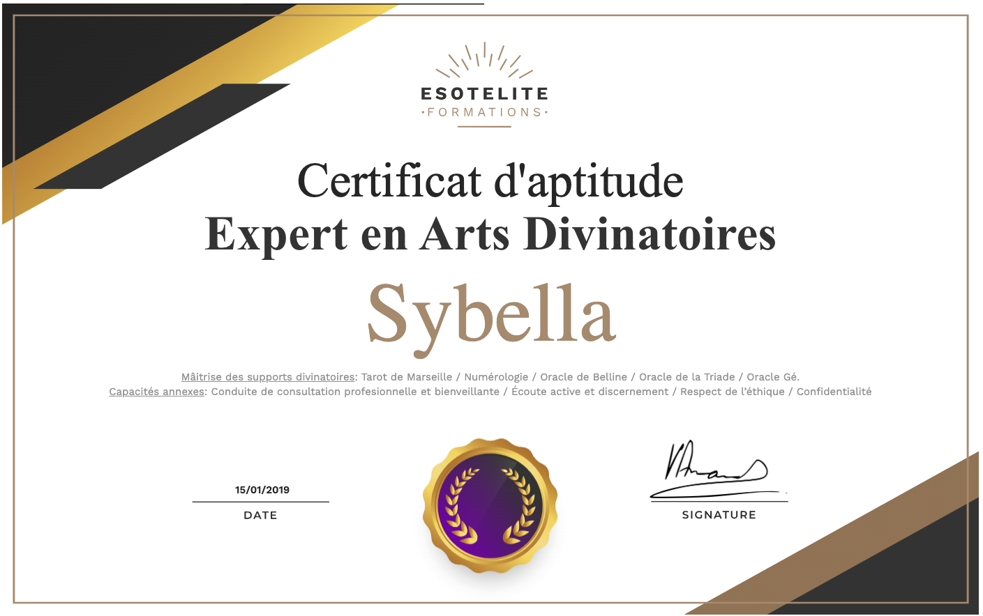 Certificat d'aptitude d'Experte en Arts Divinatoires de Sybella